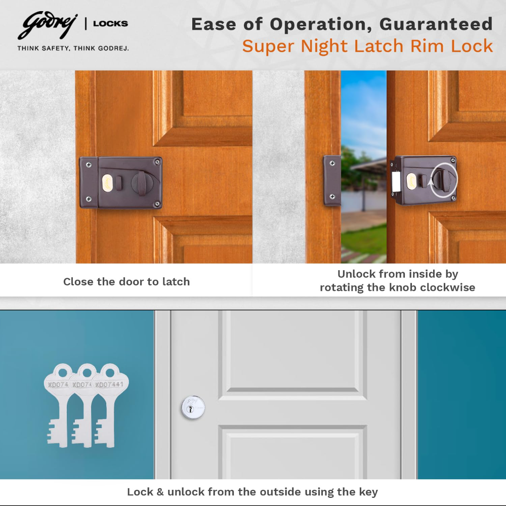 Godrej Rim Lock l Night Latch I 1CK Latchbolt l for Inside Opening Main & Safety Door I Left or Right-Handed Doors l 3 Keys l 5-Year Warranty l Textured Brown